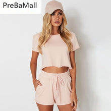 Load image into Gallery viewer, 2019 Fashion 2 Piece Set Women Crop Tops Summer Short Sleeve Ladies Crop Tops and Shorts Outfit Set Casaul Suits C117