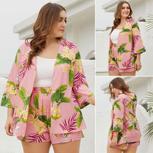 Load image into Gallery viewer, Women Plus Size Cardigan Top+Wide-leg High-waist Shorts Two-piece Printed Women Set