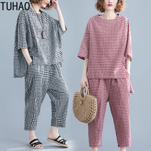 Load image into Gallery viewer, TUHAO 2019 Sets Womens Outfits Large Size Women's Plaid Suit Summe Elastic Waist Plaid Calf-Length Pants Two Piece Suit LZ273