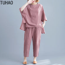 Load image into Gallery viewer, TUHAO 2019 Sets Womens Outfits Large Size Women's Plaid Suit Summe Elastic Waist Plaid Calf-Length Pants Two Piece Suit LZ273