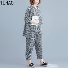 Load image into Gallery viewer, TUHAO 2019 Sets Womens Outfits Large Size Women's Plaid Suit Summe Elastic Waist Plaid Calf-Length Pants Two Piece Suit LZ273
