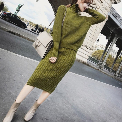 Soft Warm Knitted 2 Pieces Set Women Full Sleeve Turtleneck Sweater Pullovers & Twisted Pencil Skirt Female Sweater Set 2019
